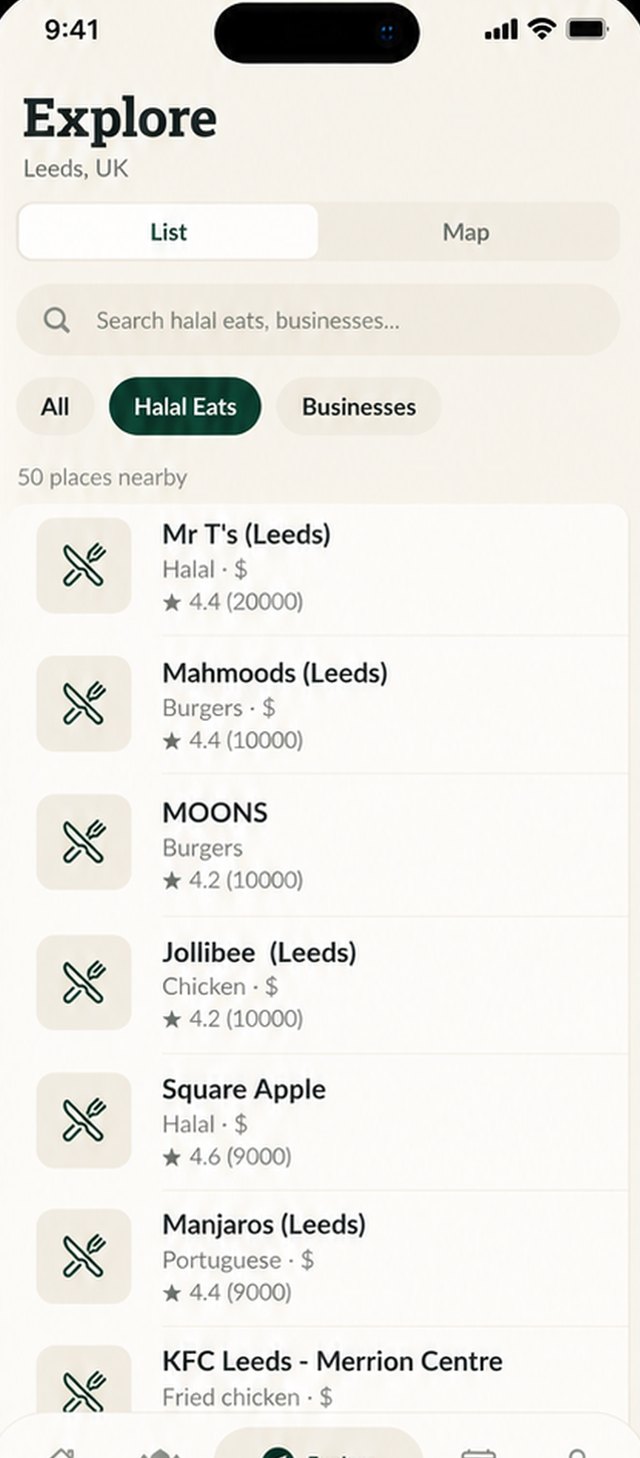 Explore screen listing halal restaurants with ratings
